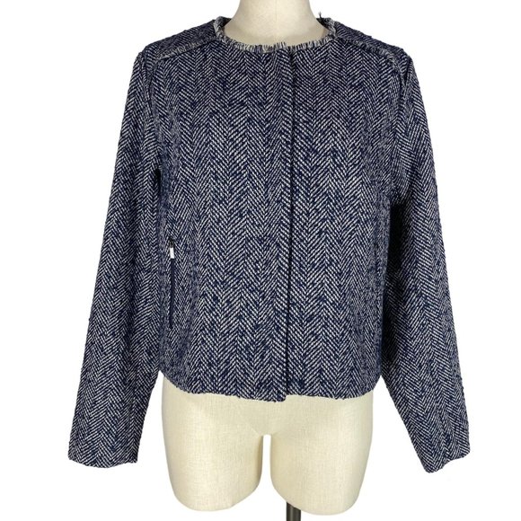 Apt 9 NWT Women's Size Large Blue White Wool Blend Herringbone Knit Jacket - Picture 1 of 11